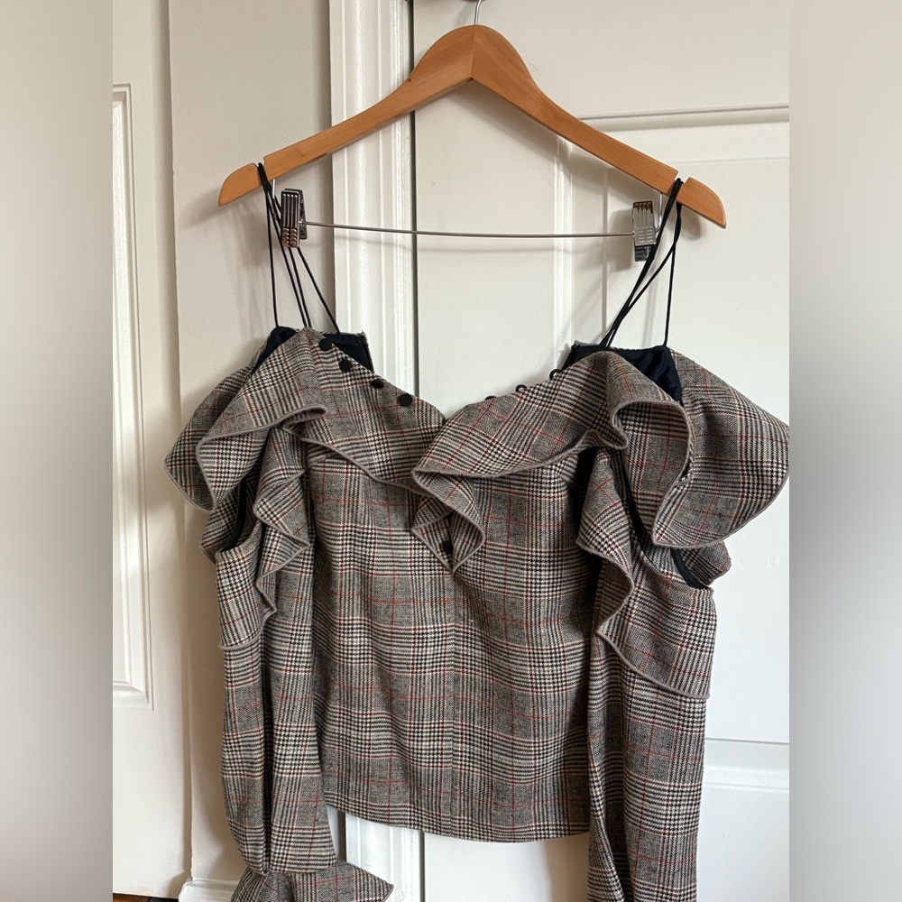 Self-Portrait Off-Shoulder Plaid Wool Top